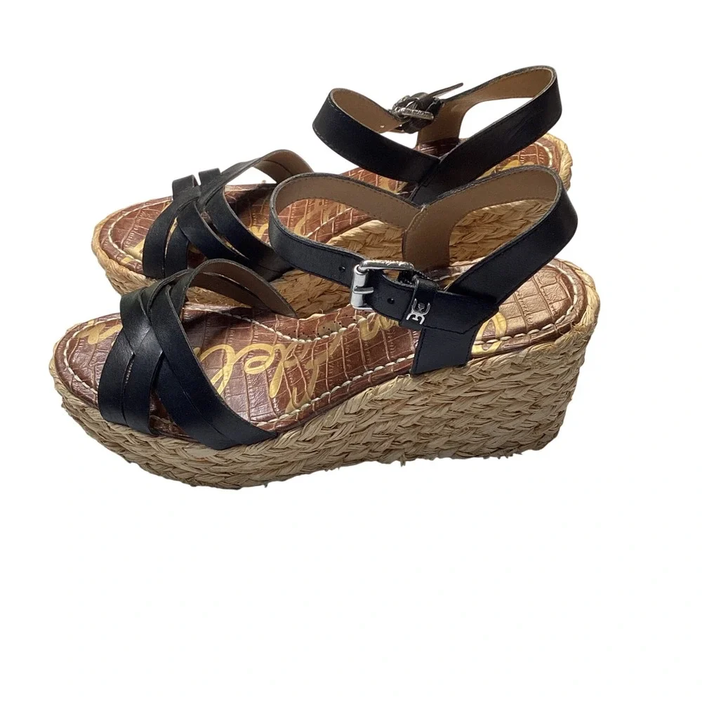 Sam Edelman Womens Sandal Size 9.5 Black Leather Espadrille Wedge Platform
